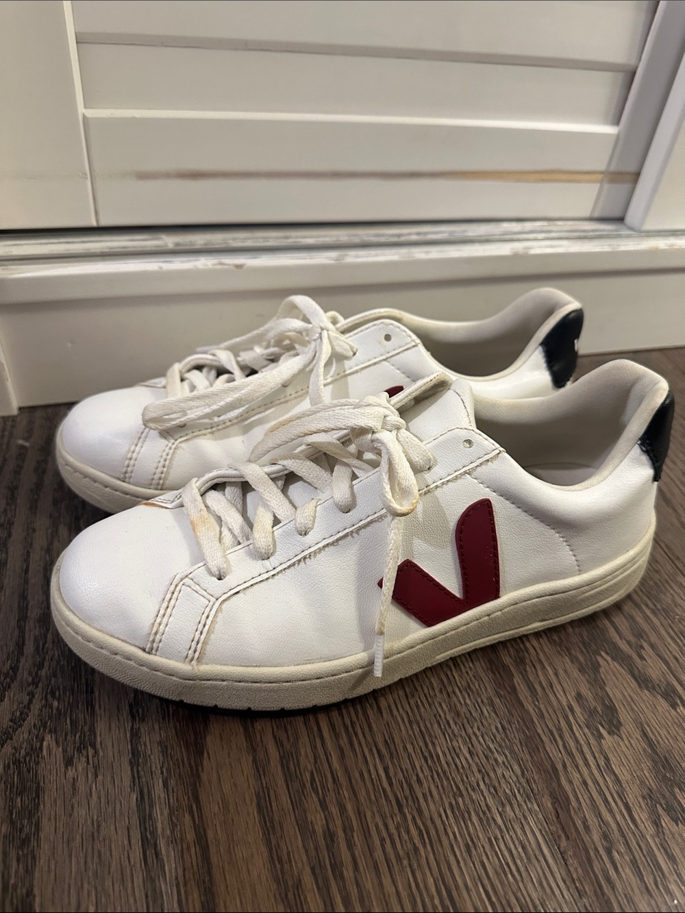 Veja White Leather Sneakers with Red V and Black Heel Tab